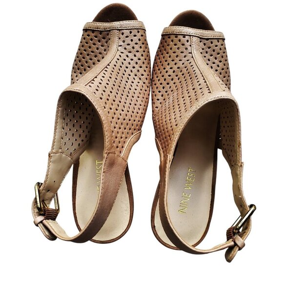 NINE WEST Perforated Leather Stacked Heel Peep Toe High Vamp Buckle Back Sandals - Picture 7 of 15